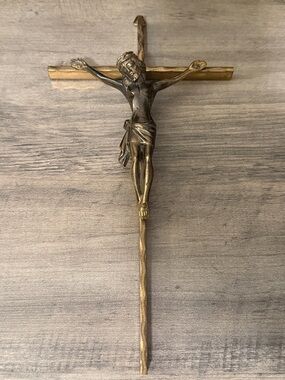 Vintage Brass Crucifix Wall Hanging INRI Jesus Christ on Cross ( 5"x10" )